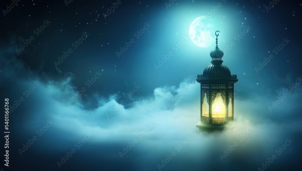 Illuminated lantern on clouds under a crescent moon. Illuminated lantern on clouds under a crescent moon.