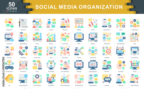 The Social Media Organization flat icon set represents key strategies, tools, and dynamics for digital influence, audience engagement, content management, and brand visibility in today's platforms.