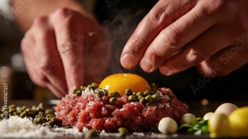 Preparing Beef Tartare with Egg Yolk Capers and Seasoning Close-up