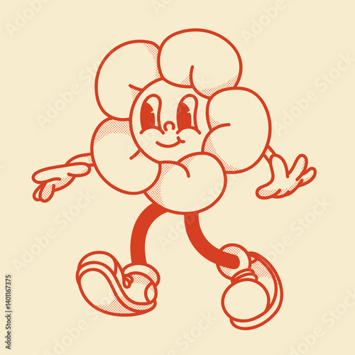 Cheerful flower character retro mascot with smiling face and shoes. Cute spring or summer symbol