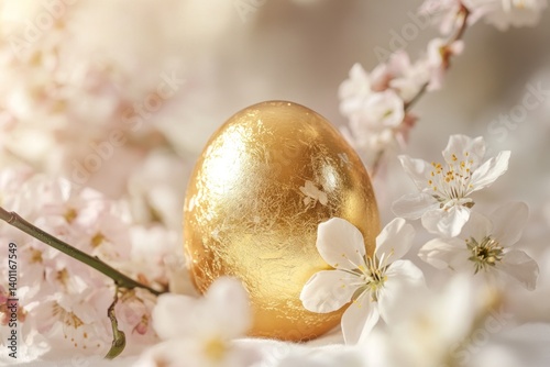 A beautiful golden Easter egg surrounded by delicate flowers, isolated on a white background for a festive and elegant feel.
