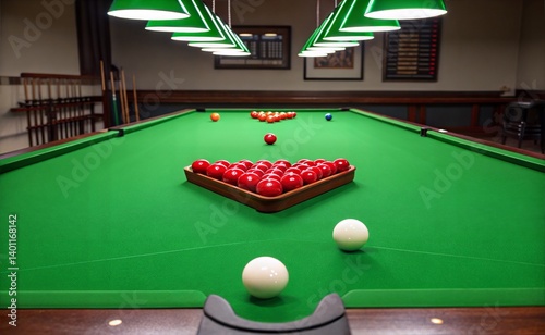 .A dimly lit room with a green Snooker table as the centerpiece. The light is soft and evenly distributed. Creates a soft glow throughout the scene. generate ai	
