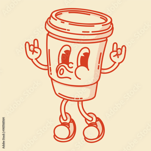 Smiling friendly coffe to go character mascot in shoes. Coffee shop mascot symbol. Hands up, finger up
