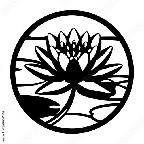 Elegant Black and White Water Lily Floral Design in Circular Frame