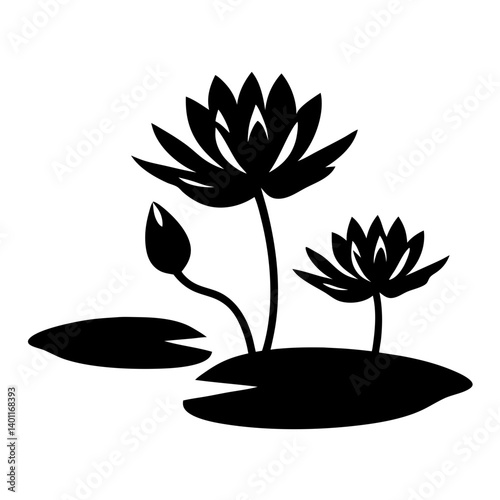 Fotografie Elegant Black Silhouette of Water Lilies Blooming on Lily Pads