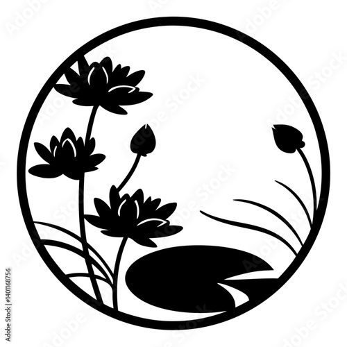 Elegant Black and White Water Lily Pond Floral Circle Design