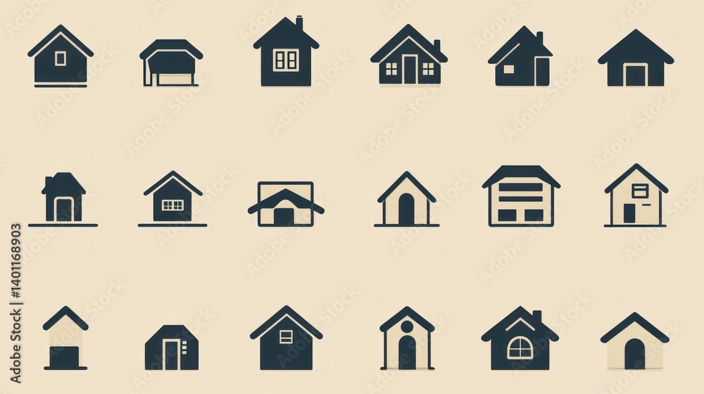 Fototapeta premium Multiple minimalist illustrations showcasing various houses and building designs