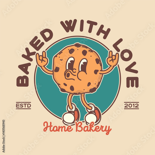 Bakery shop signboard logo template. Retro cookie biscuit mascot for promo banner flyer