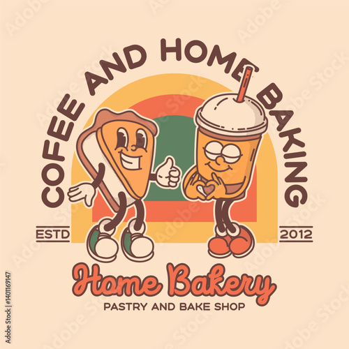 Bakery and coffee shop promo banner flyer logo template. Retro mascot of cake and coffe to go
