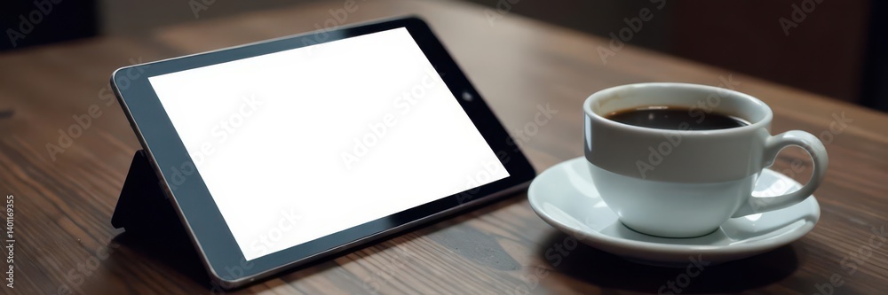 Dark wood table, tablet showing blank screen, coffee in white mug , technology, cozy, tablet Dark wood table, tablet showing blank screen, coffee in white mug , technology, cozy, tablet