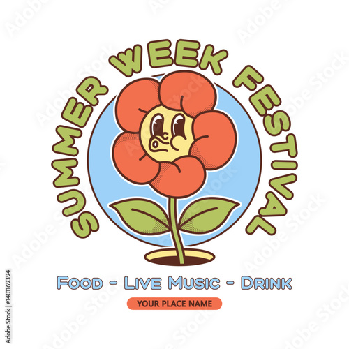 Summer or spring festival flyer template with retro mascot flower with face