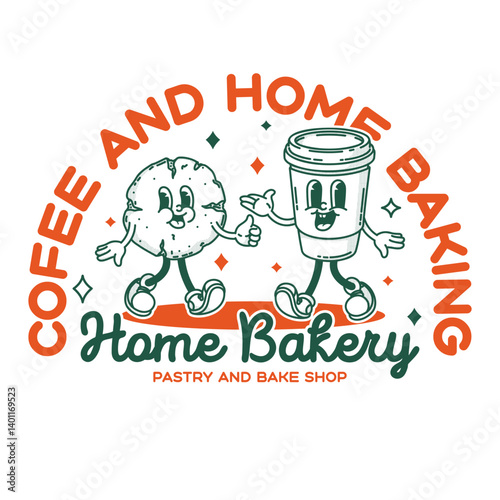 Bakery and coffee shop promo banner flyer signboard logo template. Retro cookie and coffe to go mascot
