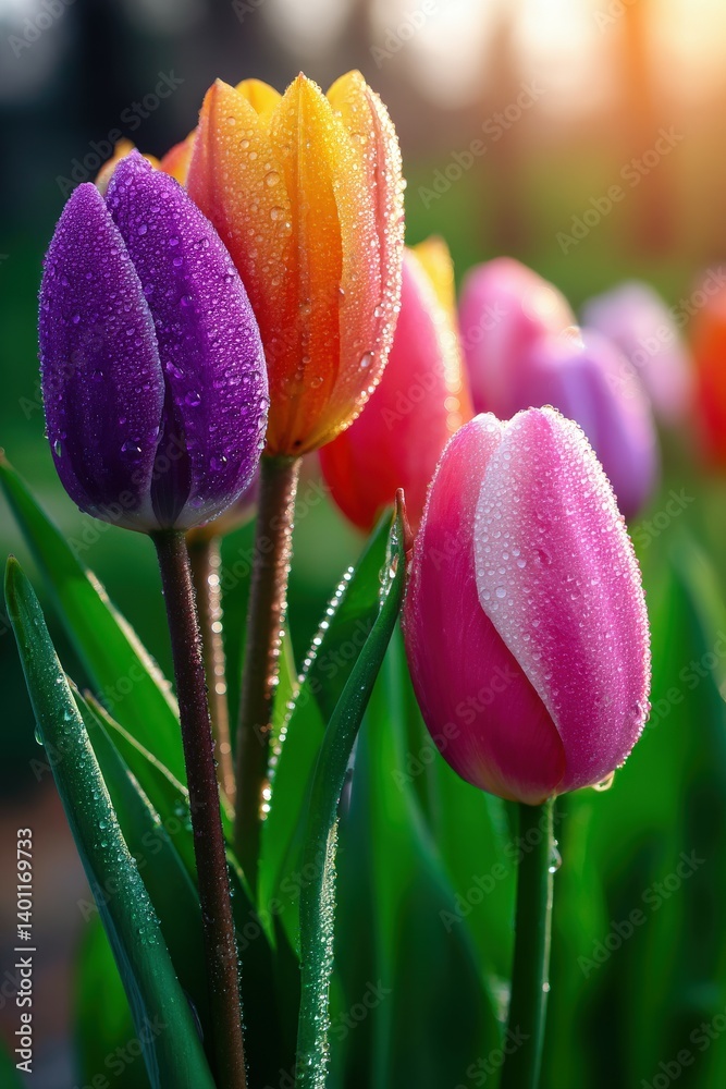 Fototapeta premium Vibrant tulip flowers sparkling with morning dew