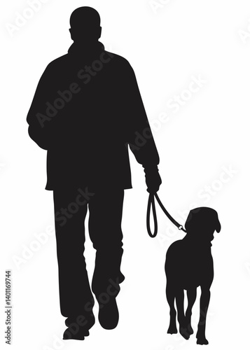 A black silhouette of a man walking dog vector illustration