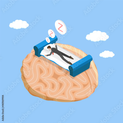 3D Isometric Flat Vector Illustration of Tierd Human Brain, Snooze for Relax