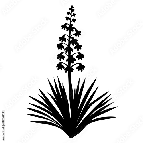 Silhouette of a Yucca Plant with Tall Flower Spike and Spreading Leaves Botanical Illustration