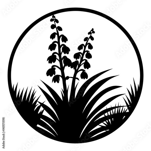 Silhouette of flowering plants in a circular frame a botanical illustration