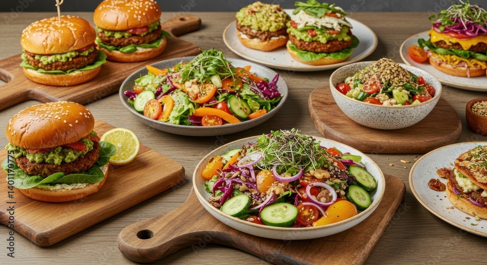 Burgers and salads are displayed on wooden boards and plates on a table.