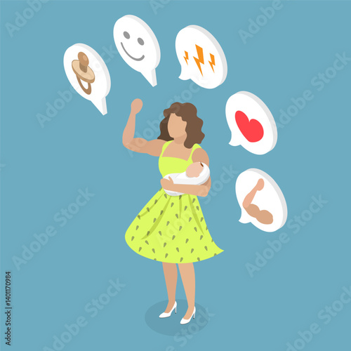 3D Isometric Flat Vector Illustration of Super Mother, Motherhood and Heroism