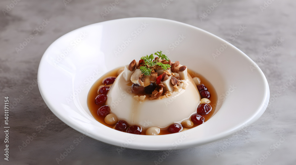 Chilled Soft Tofu Pudding Served with Toppings of Nuts and Fruits in Elegant White Dish on Textured Background Chilled Soft Tofu Pudding Served with Toppings of Nuts and Fruits in Elegant White Dish on Textured Background