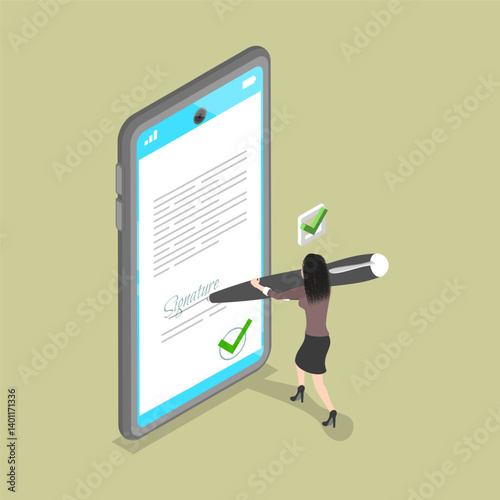 3D Isometric Flat Vector Illustration of Electronicaly Signed Document, Digital Xontract, E-document