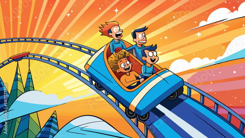 Cartoon roller coaster, anthropomorphic lion character