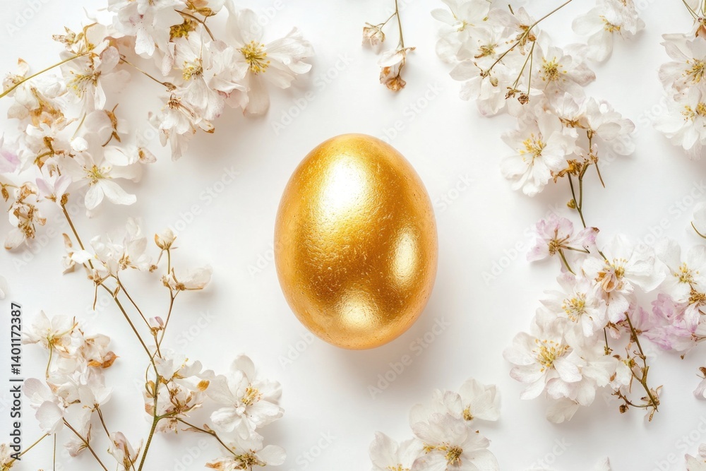 A beautiful golden Easter egg surrounded by delicate flowers, isolated on a white background for a festive and elegant feel.