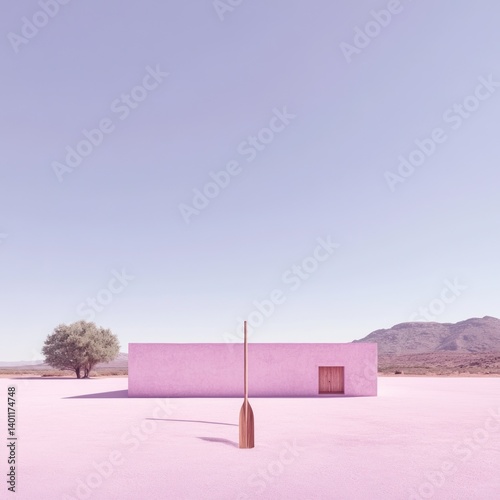 Minimalist pink landscape with a building