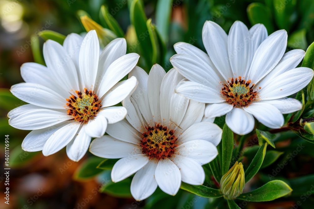 Fototapeta premium Beautiful daisies blooming in vibrant green foliage