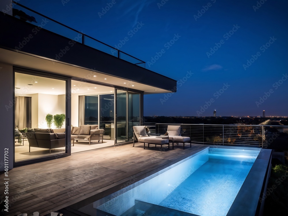 Fototapeta premium Modern Rooftop Pool with City View at Night