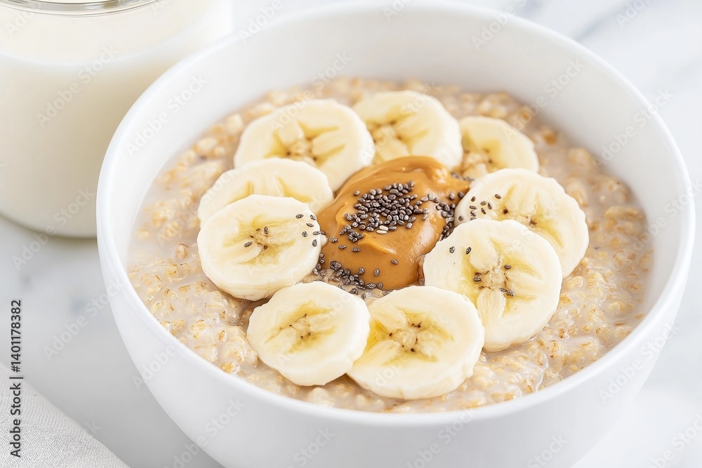 Oatmeal topped with banana slices, chia seeds, and peanut butter in a white bowl, styled on a bright surface with a glass of milk in the background Oatmeal topped with banana slices, chia seeds, and peanut butter in a white bowl, styled on a bright surface with a glass of milk in the background