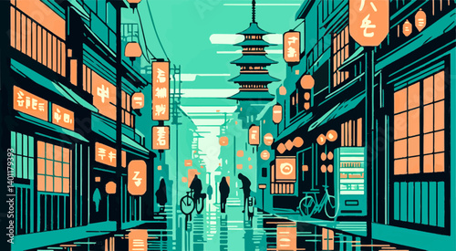 Rainy japanese street with pagoda, cyclists, and pedestrians enjoying urban landscape