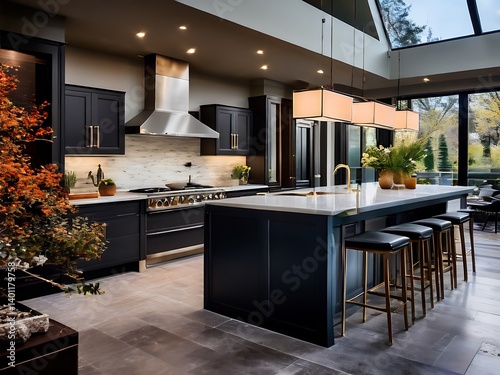 Modern Kitchen with Black Cabinets and a White Marble Countertop