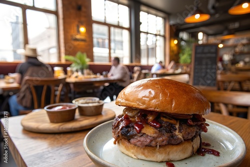 Gourmet Burger Brilliance: Glossy Bun, Pickles & Signature Sauce in a Cozy Restaurant Ambience