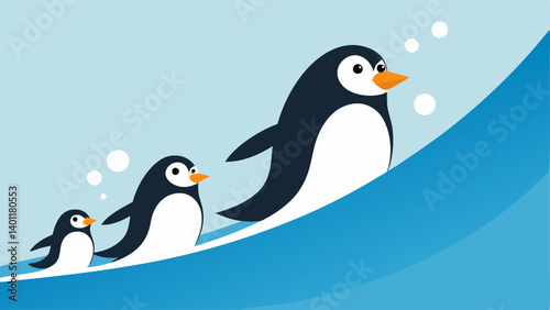 Family Fun Time A family of penguins including a parent and two young chicks is depicted sliding down a wide gentle slope together. The youngsters are wobbling on their bellies