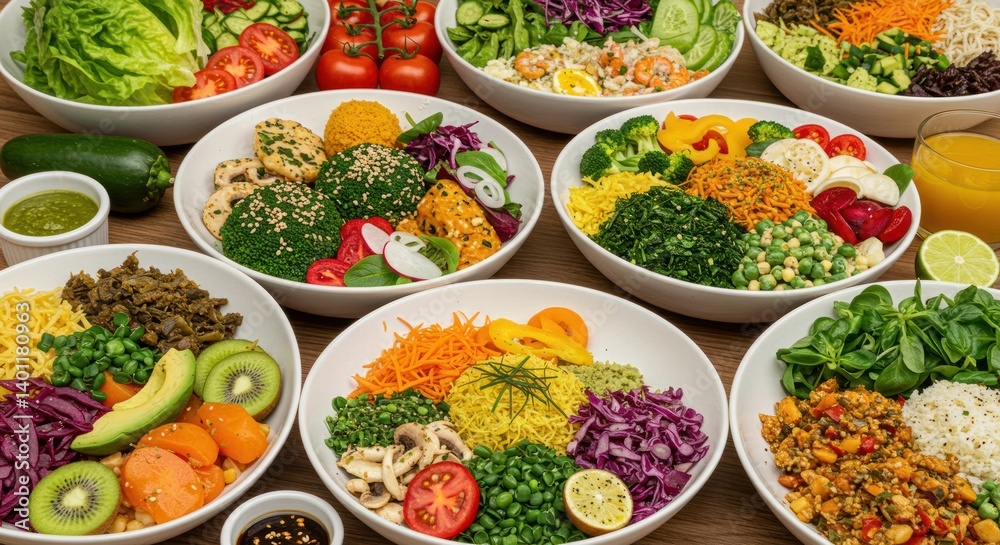 Many bowls of colorful salads with various ingredients on a light background. Many bowls of colorful salads with various ingredients on a light background.