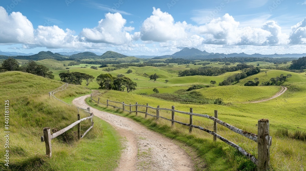 Scenic rural landscape with a winding dirt road Scenic rural landscape with a winding dirt road
