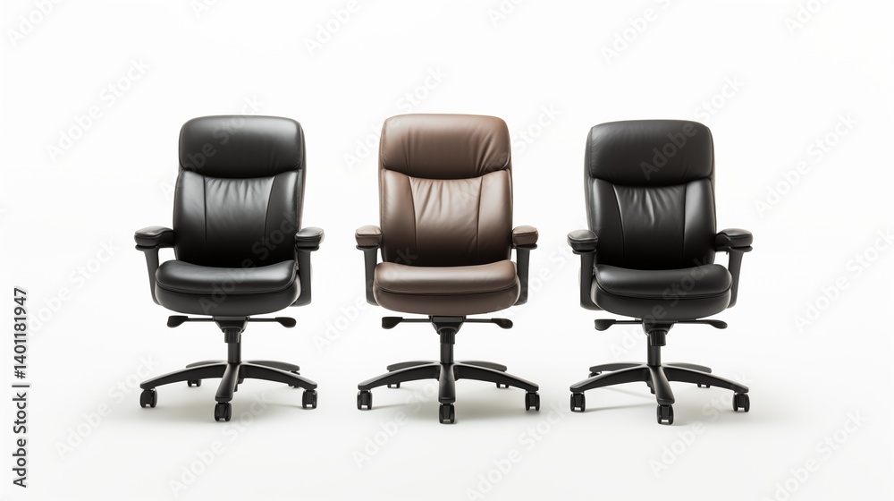 Fototapeta premium Ergonomic black and brown leather office chairs with wheels and armrests, arranged side by side on a white background. 