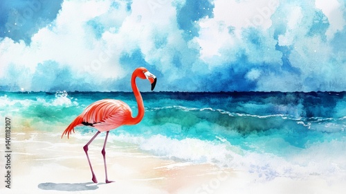 Pink Flamingo Beach Watercolor - Serene watercolor painting of a flamingo on a tropical beach, symbolizing tranquility, freedom, beauty, paradise, and exoticism