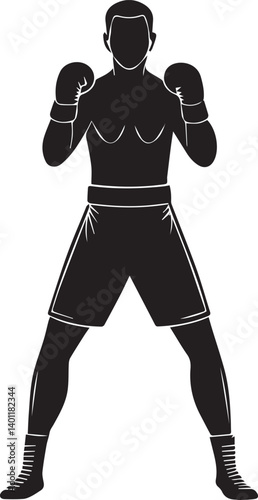 A bold, black silhouette of a male boxer in a ready stance.