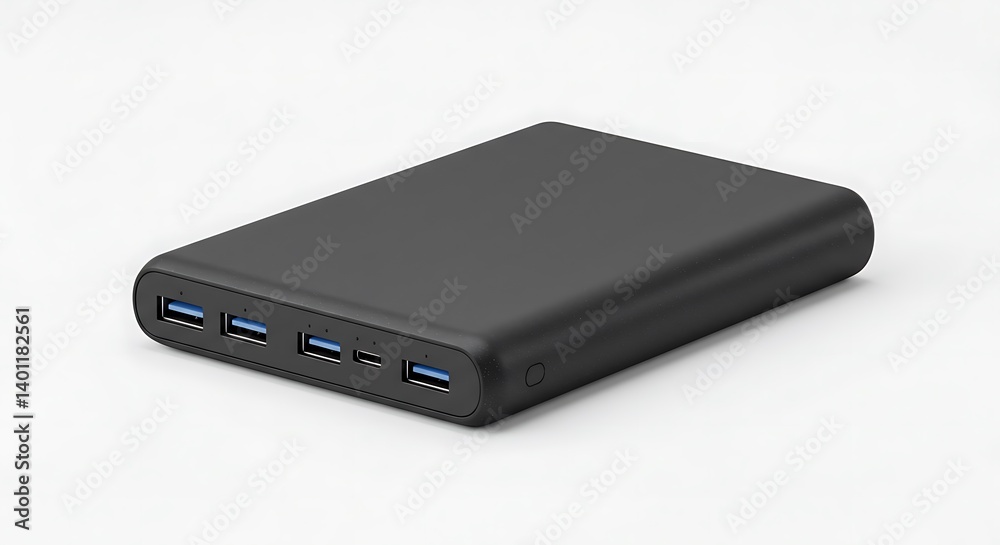 Rectangular matte black power bank with multiple USB ports, isolated on a white background. Rectangular matte black power bank with multiple USB ports, isolated on a white background.