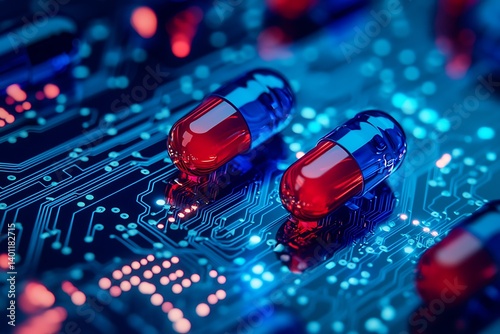Red and blue capsules resting on a circuit board, illuminated by a glowing blue backdrop that merges technology with healthcare