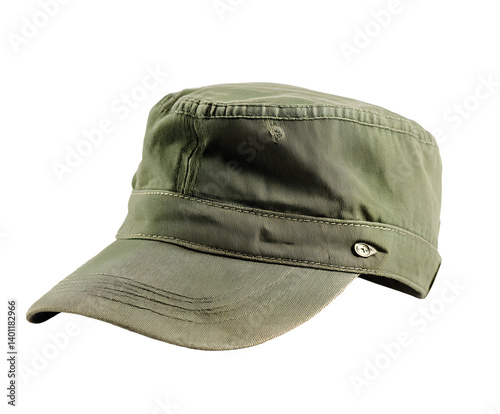 Olive drab military style cap.  Classic casual headwear suitable for outdoor activities and everyday fashion. Neutral color, cotton twill.