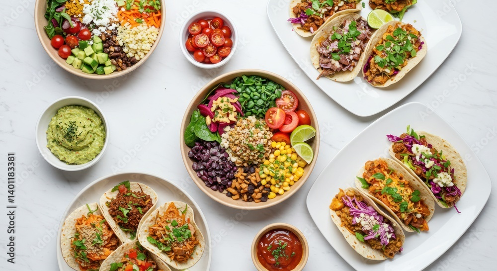 Bowls and tacos with various toppings arranged on a white surface. Bowls and tacos with various toppings arranged on a white surface.