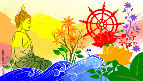 "Gentle Watercolor Spiritual Symbols Background – Buddhist Motifs in Soft Washes for Vesak, Divine Reflective Atmosphere with Copy Space"