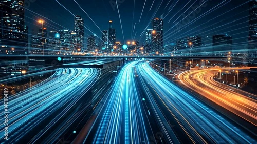 Fast-moving vehicles blur into streaks of light in a city at night, showing technological prowess