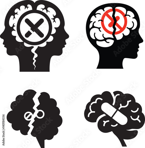 A set of four black and white silhouette icons representing different aspects of addiction and recovery.