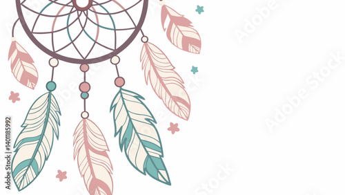 "Watercolor Boho Dreamcatcher Background – Delicate Feather & Bead Designs in Soft Colors, Coachella Artistry with Copy Space"