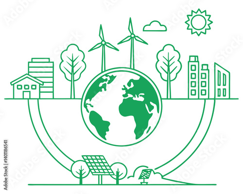 Green Earth with Sustainable City, Solar, Wind, and Trees Illustration