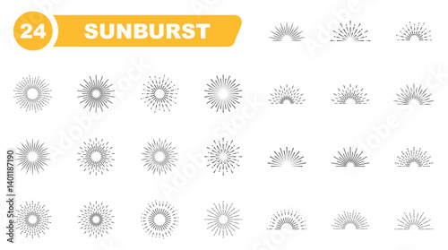 Sunburst icon set. Light rays collection. Vintage sunburst. Explosion, firework, sparks, star light, sun rays. Elements for logotype, emblem, banner or lettering. Vector illustration.
